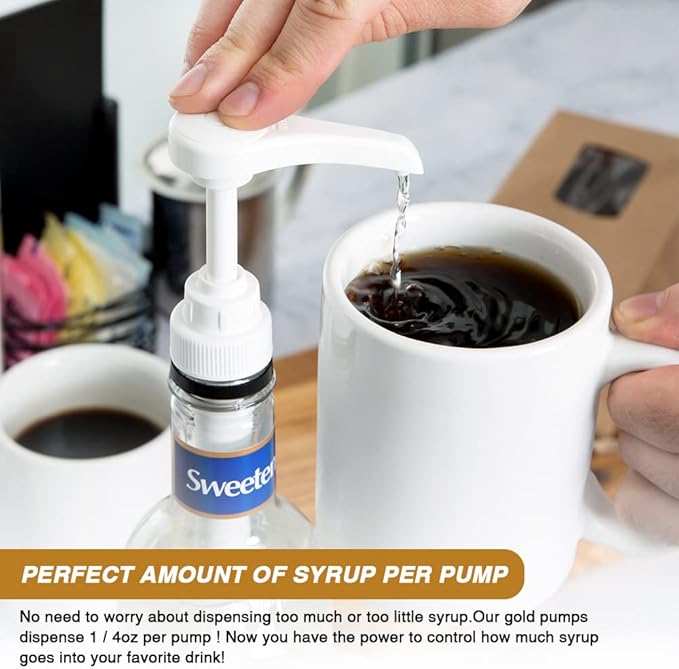 12 Packs Coffee Syrup Pump Dispenser, Fits 25.4 Oz/750ml Coffee Flavoring Syrup Bottles, No Dripping, Great for Home & Coffee Bar Drinking Mixes, Tea, Plus Spoons (Gold,5.23")