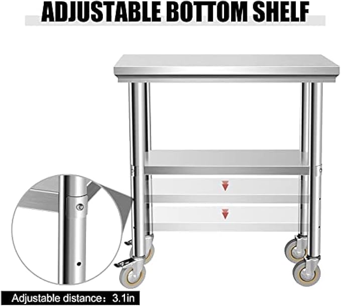 Stainless Steel Table - Metal Table Cart - Commercial Workbench with Caster Wheel - NSF Certified - for Restaurant, Warehouse, Home, Kitchen, Garage,24''x12''