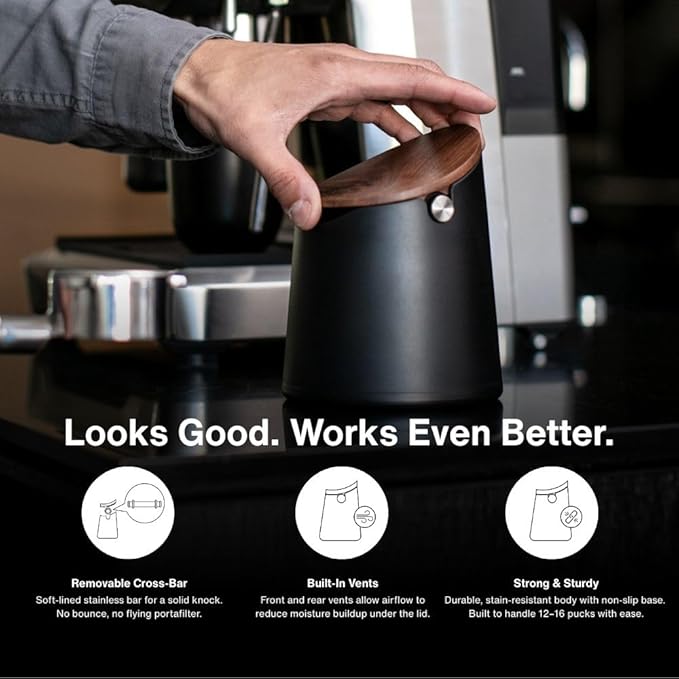 Crema Coffee Products Arc Knock Box | Holds 12–16 Espresso Pucks | Durable Stain Resistant Build with Non Slip Base | Walnut Plastic Lid | Easy Clean Up Moisture Control | Black Finish