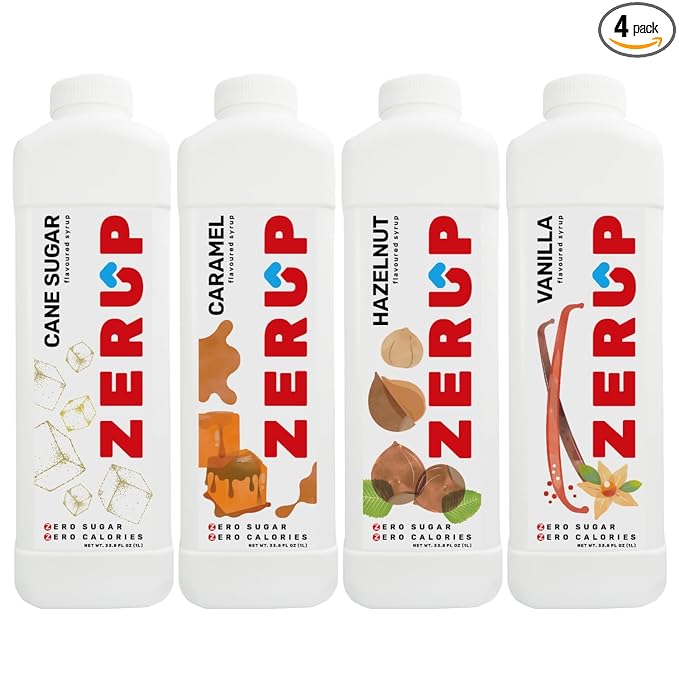 Zerup Zero Sugar Coffeehouse Pack of 4 (Cane Sugar, Cararmel, Hazelnut, Vanilla), Sugar-Free Coffee Barista Syrup, Zero Calories and Sugar, Keto Friendly, Ideal for Lattes, Cappuccinos, Espresso, Americano, Indulgent Taste 33.8 Oz (1L)