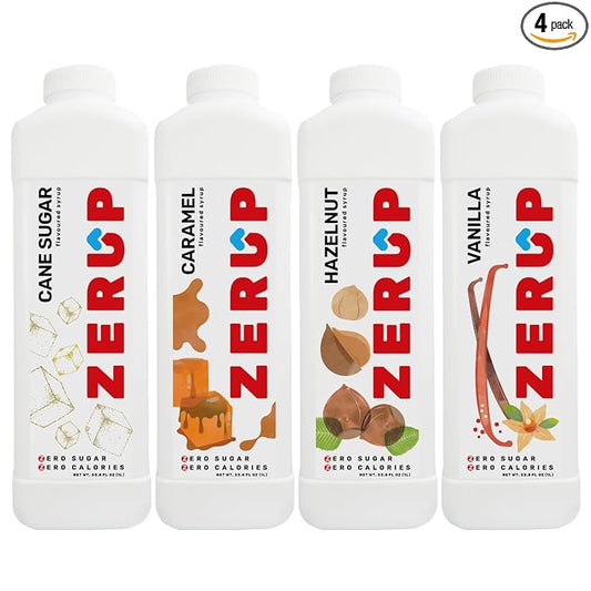 Zerup Zero Sugar Coffeehouse Pack of 4 (Cane Sugar, Cararmel, Hazelnut, Vanilla), Sugar-Free Coffee Barista Syrup, Zero Calories and Sugar, Keto Friendly, Ideal for Lattes, Cappuccinos, Espresso, Americano, Indulgent Taste 33.8 Oz (1L)
