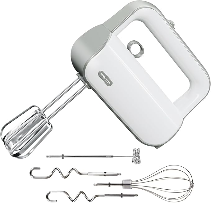 warran Master 5-Speed Electric Hand Mixer with Turbo Boost, Stainless Steel Whisk, Beaters, Dough Hooks & Milk Frother, Lightweight Handheld Mixer for Baking & Coffee, Light Olive Green