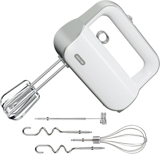 warran Master 5-Speed Electric Hand Mixer with Turbo Boost, Stainless Steel Whisk, Beaters, Dough Hooks & Milk Frother, Lightweight Handheld Mixer for Baking & Coffee, Light Olive Green