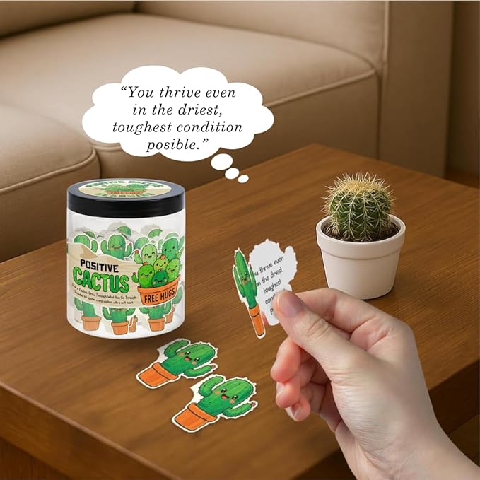 Positive Cactus Jar with 60 Daily Affirmation Cards, Emotional Support Plant Cactus Gifts, Stress Relief, Motivational Gift, Cactus Plushies, Mini Plant Toy Decor, Funny Gifts for Women, Positive Toy