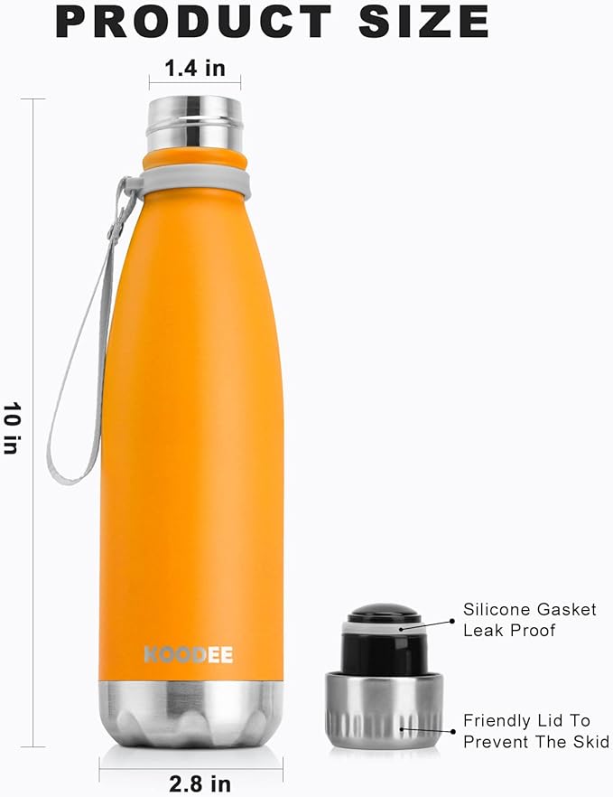 koodee Insulated Water Bottle, 17 oz Stainless Steel Double Wall Vacuum Flask Cola Shape Leak Proof Sports Water Bottle (Mango Yellow)