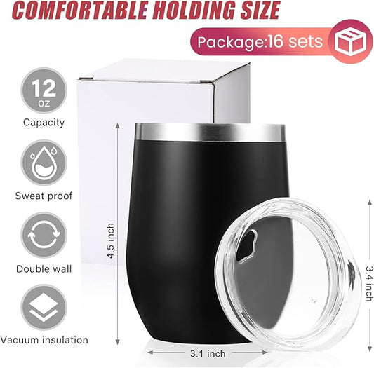 16 Pack Stainless Steel Wine Tumblers 12 oz Insulated Vacuum Wine Cup Set Double Wall Stainless Steel Stemless Mug Glasses for Coffee Soda Whiskey Outdoor Travel (Black)