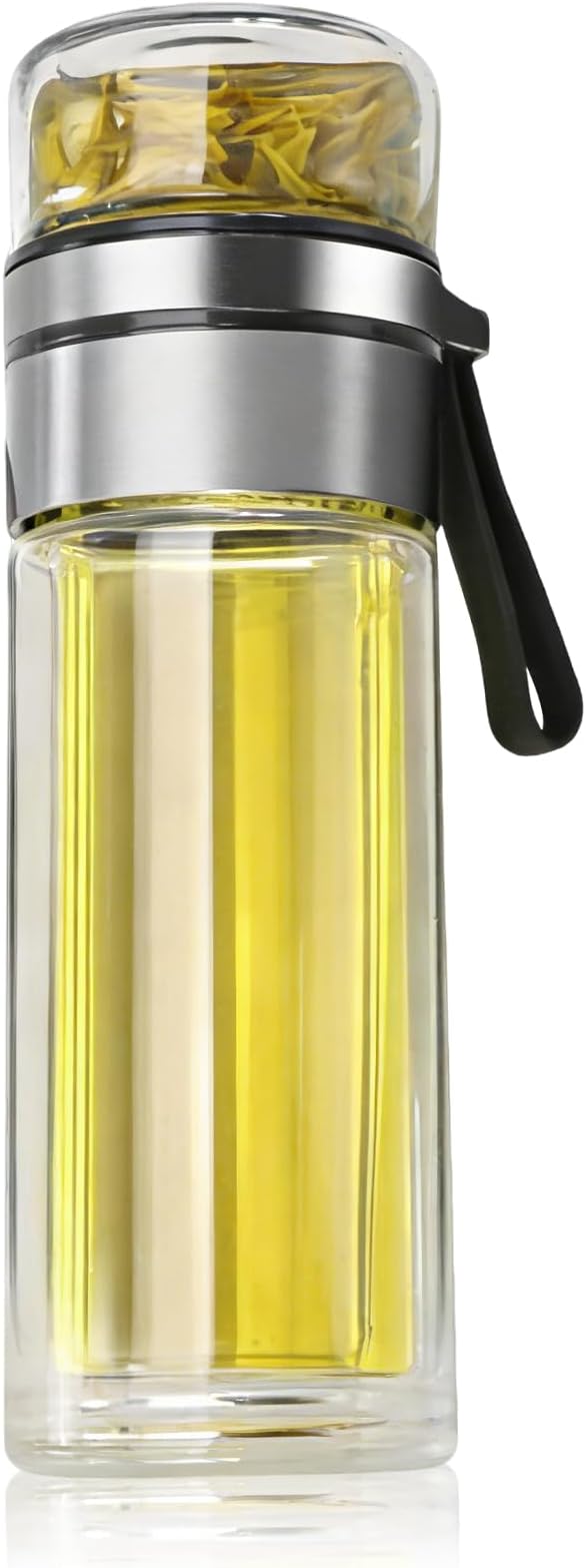 Tea Infuser Bottle, Glass Tea Infuser Bottle Double Wall Portable Tumbler Mug Travel Tumbler Mug Men (Steel Color)