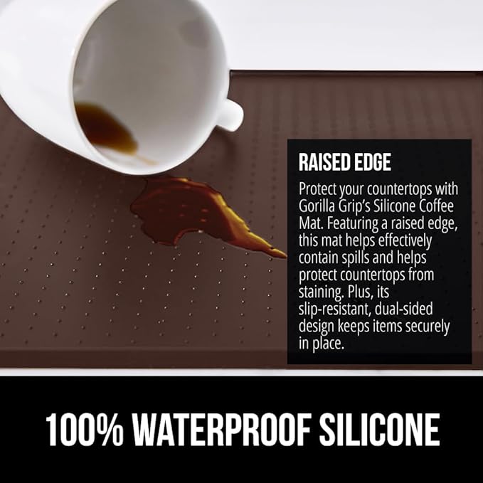 GORILLA GRIP Silicone Coffee Mat, 18x28, Espresso Machine Bar Accessories, Keep Kitchen Counters Clean, Stays in Place, Waterproof and Heat Resistant Dish Drying Mats, Home Decor Essentials, Brown