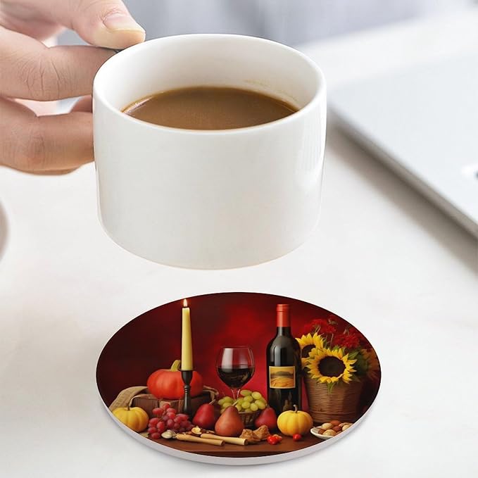 Round-4PCS Red Wine Ceramic Coasters, Round Absorbent Drink Coasters, Vintage Style Floral Red Wine Grapes Sunflower Ceramic Table Coasters for Coffee, Beverage, Wine, Beer Coasters