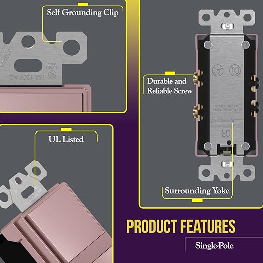 ENERLITES Double Paddle Rocker Decorator Switch, Ground Terminal, Clamp-Type Back Insert Wiring, Copper Wires Only, Single Pole, Residential/Commercial Grade, 15A 120-277VAC, 62834-RG, Rose Gold