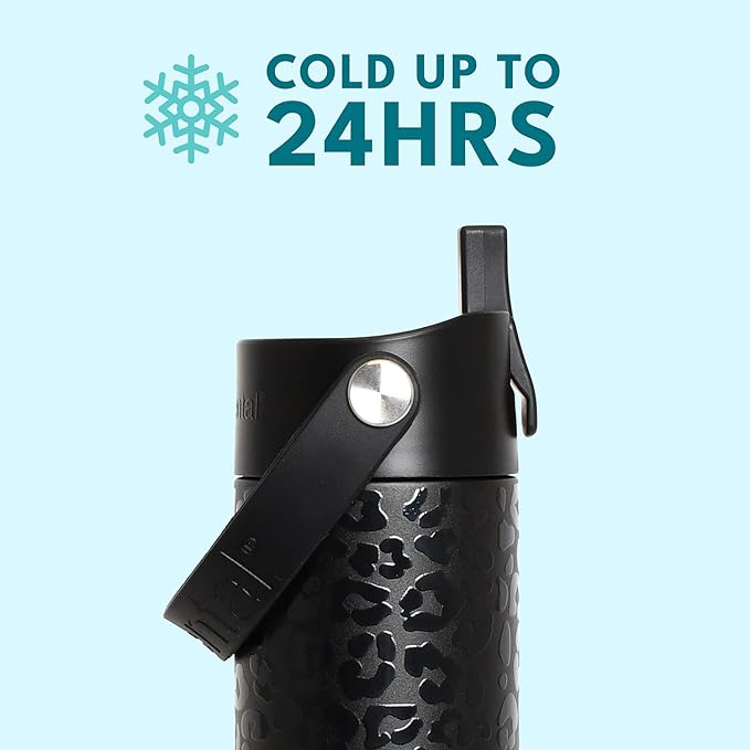 Elemental 24oz Insulated Water Bottle with Straw - 100% Leak-Proof Stainless Steel Core Water Bottles for Travel, Sports and Gym - Double Wall Insulation & BPA Free - Black Leopard