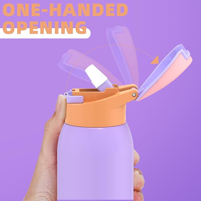 koodee Kids 16oz Free-sip Insulated Stainless Steel Water Bottles with Soft Straw,Quick Flip GO Bounce Cup Thermo-flask,Pop & Fill Double-Wall Vacuum Bottle,for School, Sports,Travel(Peach Lavender)