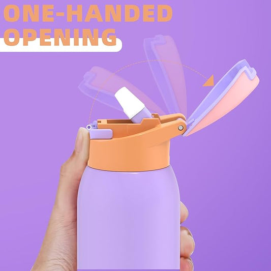 koodee Kids 16oz Free-sip Insulated Stainless Steel Water Bottles with Soft Straw,Quick Flip GO Bounce Cup Thermo-flask,Pop & Fill Double-Wall Vacuum Bottle,for School, Sports,Travel(Peach Lavender)