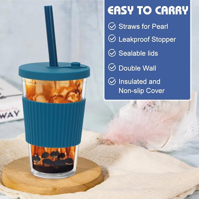 2 Pack Boba Tea Cup, 500ml/17oz Double Wall Plastic Tumbler with Straw and Lid, Leakproof Iced Coffee Smoothie Cup Bubble Tea Cup, Insulated Tumbler with Straw, Cool Gray and Indigo Blue