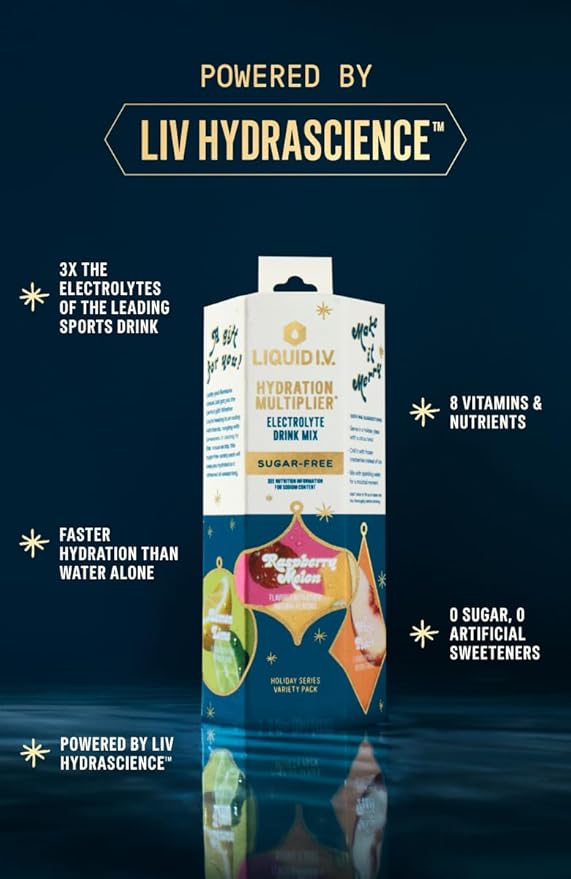 Liquid I.V.® Hydration Multiplier Sugar-Free - Variety Pack Stocking Stuffer - Raspberry Melon, Lemon Lime, and White Peach - 4 Pack (12 Sticks)