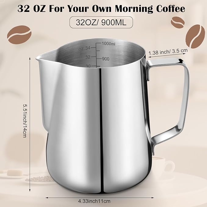 Honeydak 4 Pcs Milk Frothing Pitcher 304 Stainless Steel Steaming Pitchers for Coffee Bar Cappuccino Barista Tools Milk Jug Steamer Frother Cup (30 oz)