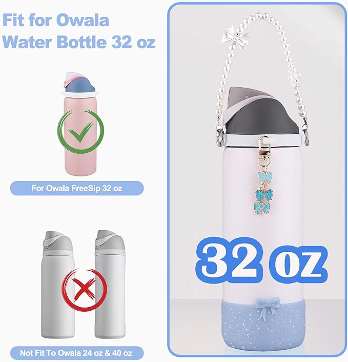 Water Bottle Accessories Set for Owala FreeSip 24oz、32 oz– Includes Pearl Handle Strap, Bow Charms,2.9in .3inch Silicone Bling Boot for Owala Accessories for Women