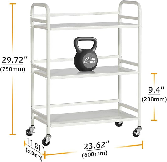 HDANI 3 Tier Metal Utility Multipurpose Rolling Cart,Large Capacity Heavy Duty Rolling Cart with 2 Lockable Wheels for Home,Office,Kitchen,Bathroom,Bedroom,White