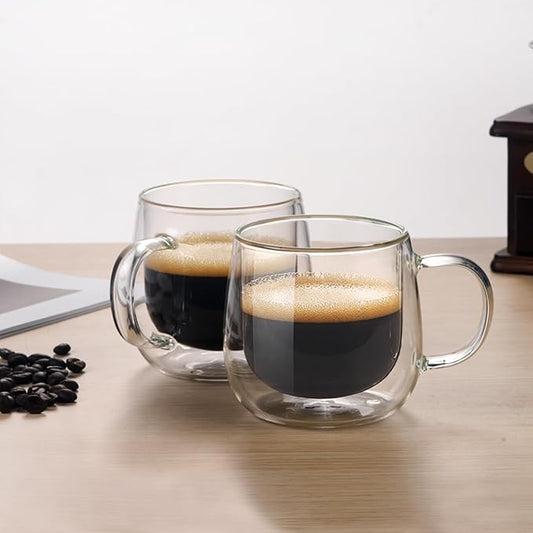 Double Wall Glass Coffee Mugs 16oz Set of 2 Insulated Clear Tea Cups with Handle, Perfect for Espresso, Latte and Cappuccinos