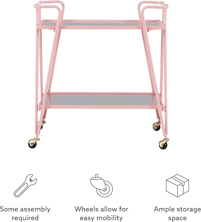 Gina Pink Mid-Century Bar Cart with Mirrored Shelves and Locking Wheels by Linon