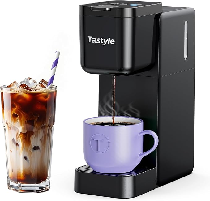 Single Serve Coffee Maker Hot and Iced with Bold Brew, Small Coffee Machine for K Cup and Ground, Fits 7.3'' Travel Mug, Brews up to 16 Oz, 5 Cup Sizes, for Office, RV& Hotel, Elegant Black