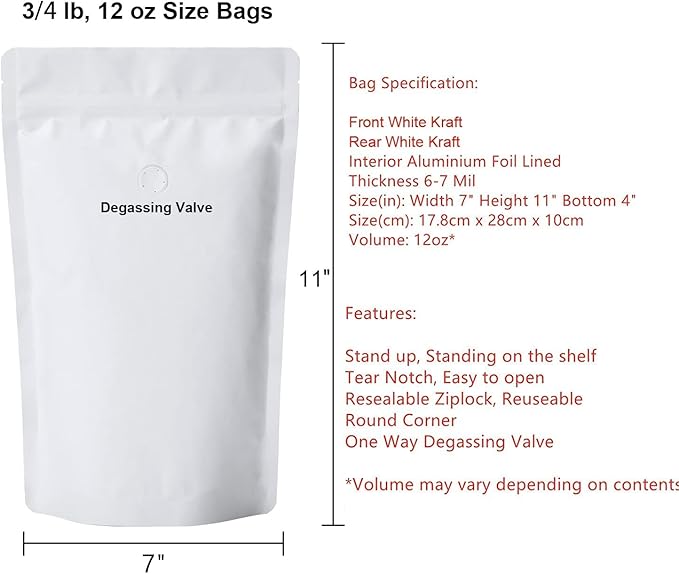 12oz Coffee Bags 100 Pieces - High Barrier White Kraft Paper Stand up Ziplock Pouches Bags with Valve & Zipper (100 Pcs, 12 Ounce/340 Gram/0.75 lb)