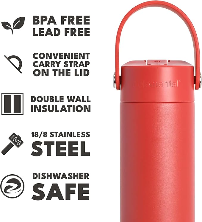 Elemental 24oz Insulated Water Bottle with Straw - 100% Leak-Proof Stainless Steel Core Water Bottles for Travel, Sports and Gym - Double Wall Insulation & BPA Free - Red