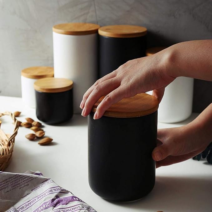 MilkyWay Food Storage Jar Strong Ceramic Storage Canisters with Airtight Seal Bamboo Lid Modern Design Seal Damp-Proof Kitchen Jar for Coffee, Tea, Spice and More (Black(L: 34 oz/1000ml))