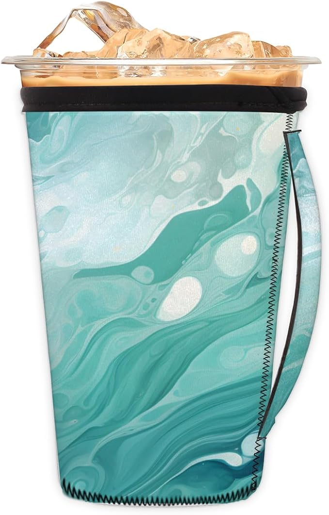 Ocean Blue Marble Reusable Insulator Coffee Sleeves for Drinks Beverages, Neoprene Holder with Handle for Most Coffee or Ice Drink, 30-32oz