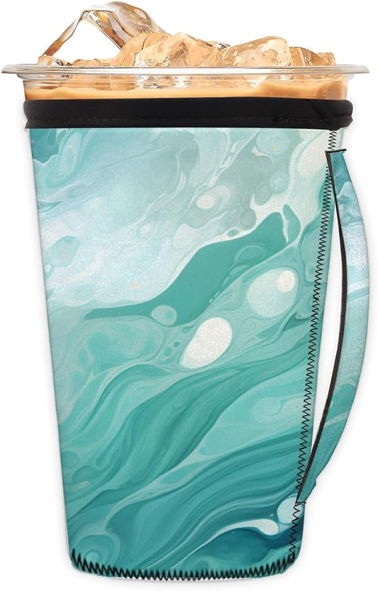 Ocean Blue Marble Reusable Insulator Coffee Sleeves for Drinks Beverages, Neoprene Holder with Handle for Most Coffee or Ice Drink, 30-32oz