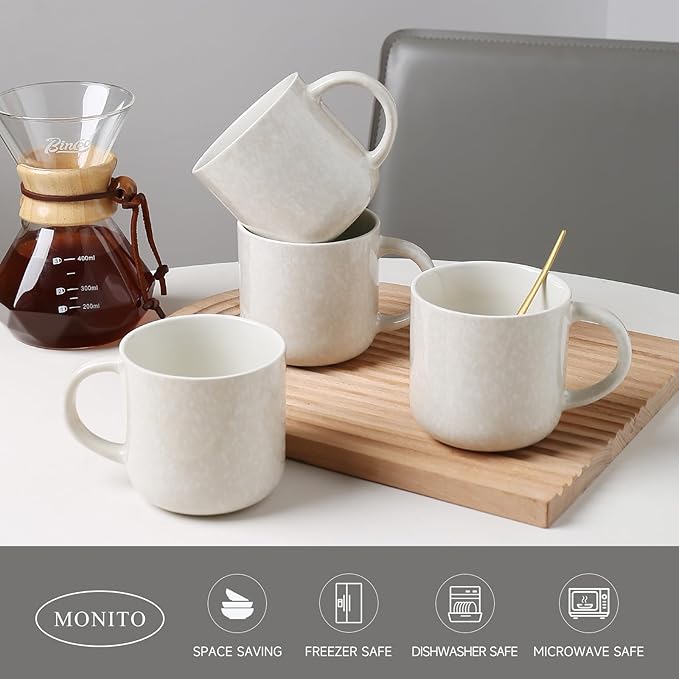 MONITO 12 OZ Coffee Mugs Set of 4, Modern Ceramic Coffee Mugs Set with handle for Tea/Latte/Cappuccino/Milk/Cocoa.White.