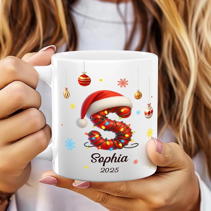 Joymade Personalized Ceramic Coffee Mug, Funny Custom Mug for Bestie, Friends, Couple, Coworker, Snowman Lovers (Christmas Initial Name Letter For Family And Friends)