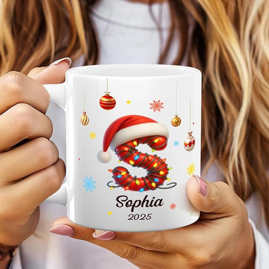Joymade Personalized Ceramic Coffee Mug, Funny Custom Mug for Bestie, Friends, Couple, Coworker, Snowman Lovers (Christmas Initial Name Letter For Family And Friends)