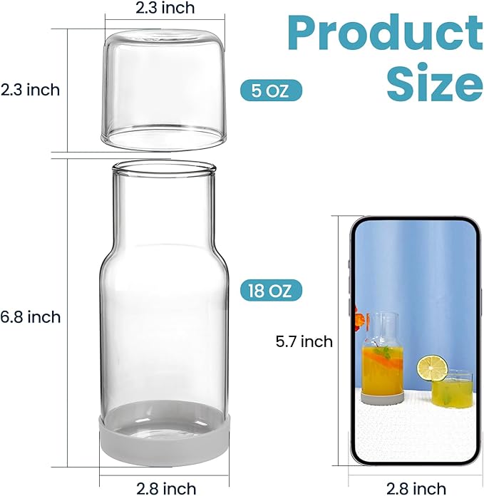 Wikapy Bedside Water Carafe and Glass Set With Silicone Coaster for Nightstand, Bedroom, 18 OZ Clear Mouthwash Dispenser for Bathroom