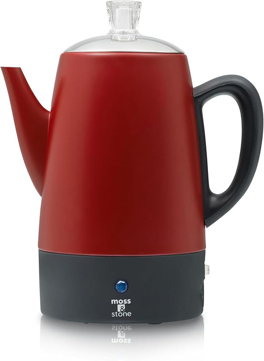 Moss & Stone Electric Coffee Percolator – Red Body Coffee Maker with Stainless Steel Lid, Percolator Electric Pot, Fast Boil 10 Cup Red Camping Coffee Pot