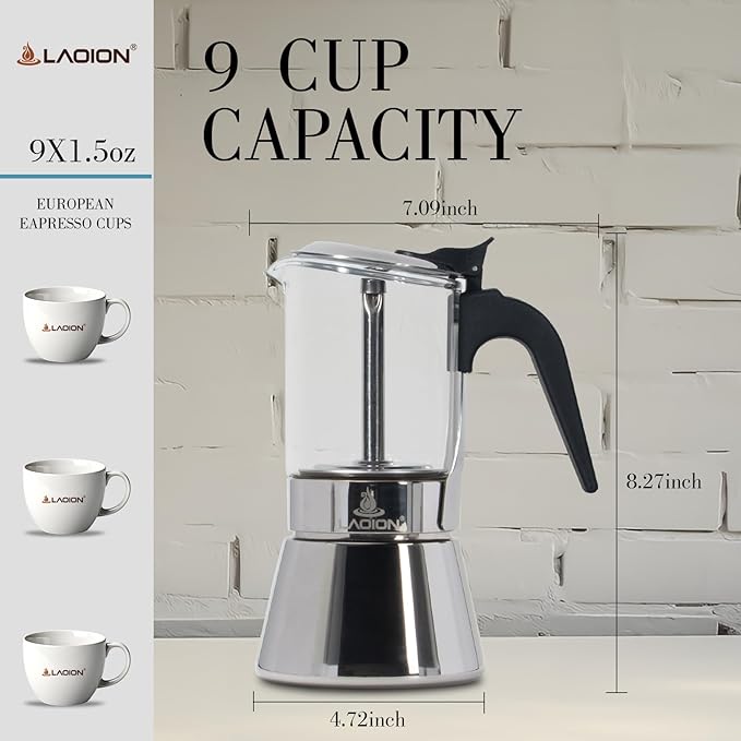 LAOION 9-Cup Moka Pot - Crystal Glass Top, Stainless Steel, Induction Compatible, 360ml