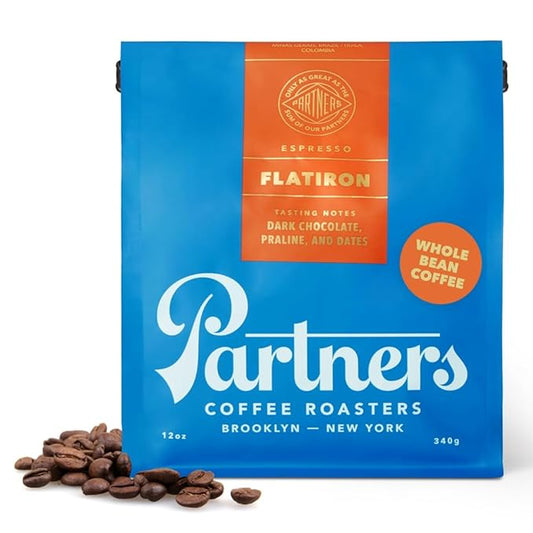 PARTNERS COFFEE ROASTERS - Whole Bean Coffee (Flatiron - Espresso, Medium-Dark Roast) 12oz - Classic Blend, Tastes Like Home - Dark Chocolate, Praline, Dates - Coffee Beans - Roasted in New York City