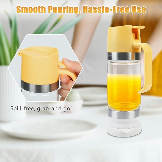 Ecopandy Honey Dispenser No Drip with Stand, 12 OZ Glass Honey Jar, Syrup Dispenser, Easy One Hand Use Honey Pot for Coffee or Tea, Mess Free Honey Dispenser for Syrup, Honey Container (2PCS Yellow)