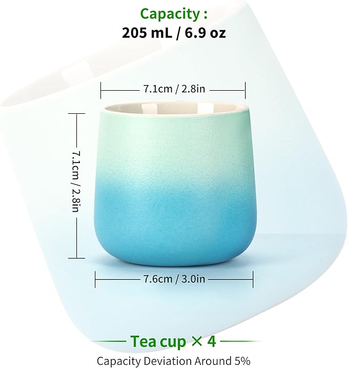 TEANAGOO Japanese Tea Cup, 7.2Oz / 205 ml, Japansese Cups,Chinese Tea Cups, Asian Tea Cups No Handles, Ceramic Cup For Japanese, Blue White Gradient, 4 Pcs/Box, H31