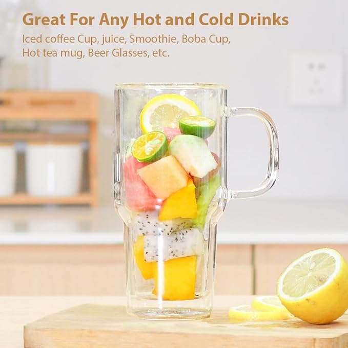 Double Wall Glass Tumbler with Handle and Straw Lid, 20oz Insulated Travel Mug Cup for Hot and Cold Drinks, Clear Glass Drinking Tumbler Cupholder Friendly