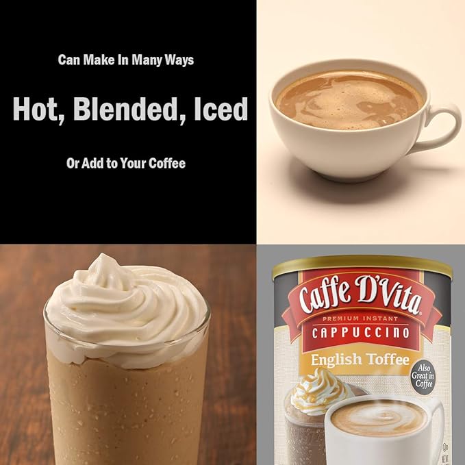 Caffe Da'Vita English Toffee Cappuccino Mix - Instant Cappuccino Mix, Gluten Free, No Cholesterol, No Hydrogenated Oils, No Trans Fat, 99% Caffeine Free, Flavored Instant Coffee - 1 Lb Can