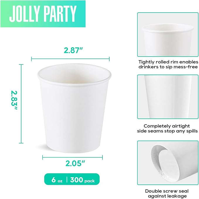 JOLLY PARTY 300 Pack 6 oz Disposable Paper Coffee Cup, Hot/Cold Beverage Drinking Cups for Water, White Paper Hot Coffee Cups