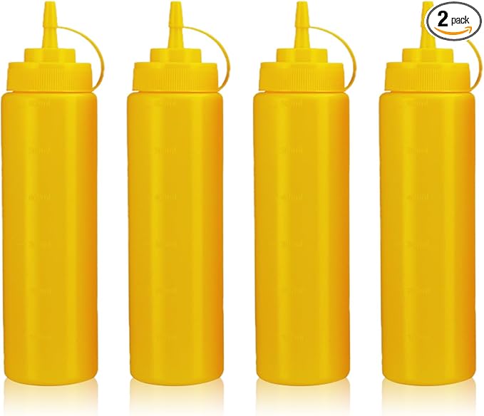 Squeeze Bottles for Sauces,Leak-Proof Condiment Dispenser, BPA-Free Kitchen Restaurant Squeeze Bottle Set with Wide Mouth for Ketchup, Mustard,Syrup,Dressings (Yellow, 4Pack-24oz(600ml))
