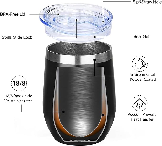 MEZMUT 12 Oz Insulated Wine Tumbler with Lid Double Wall Vacuum Stainless Steel Wine Glass Coffee Mug Insulated Tumbler Cup for Champaign, Cocktail, Beer (Black, 6 Pack)