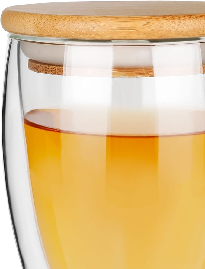 Glass Mug Set of 2, 12 Ounces Each, Double Wall Insulated Drinking Cup with Bamboo Lid, Also Good as Tea, Coffee and Wine Cups. Keeps Warm and Cold Drinks Longer. Comfortable to Touch