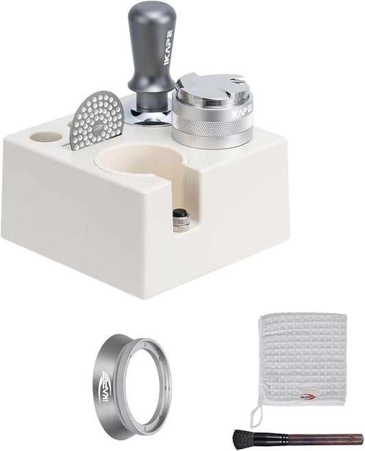 IKAPE 58mm Espresso Tamper Kit Silver 7 IN 1, Coffee Tamper Set comprising a Tamper, Distributor, Magnetic Dosing Funnel, Puck Screen, Station, WDT Tool, along with a Cleaning Towel and Brush