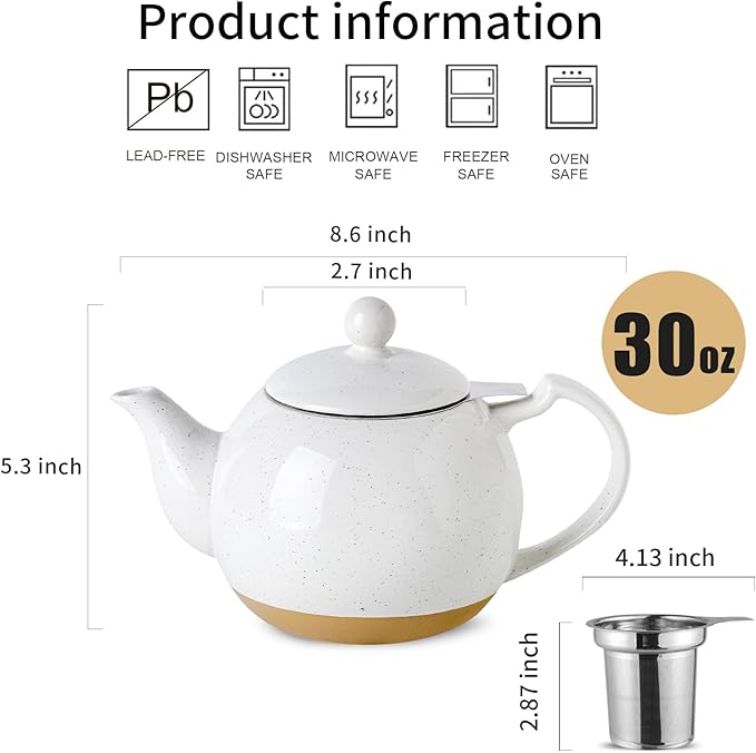 HVH 34 oz Porcelain Teapot with Stainless Steel Infuser, Ceramic Tea pot with Infuser for Loose Tea, Enough For 6 Cups, High Tea Series, Farmhouse Style (White)