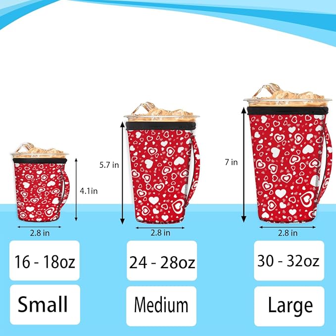 Red White Love Heart Reusable Coffee Sleeves Iced Coffee Cozy Insulator,Valentine's Day Neoprene Holder with Handle for Cold Coffee or Ice Drink, Small 16-18oz