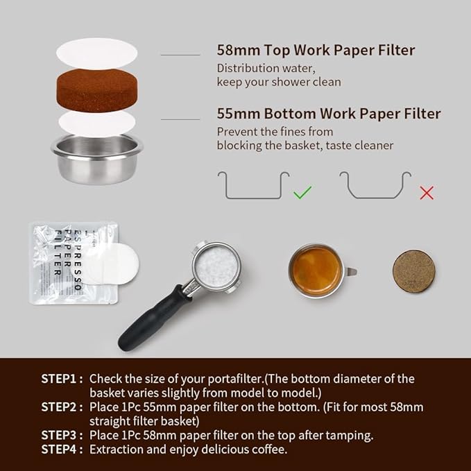 watchget 58mm Espresso Paper Filters - 100 Pcs Disposable Unbleached Coffee Filter Papers for Espresso Machines, Puck Screen, Portafilter Baskets, Compatible with 58mm Portafilters