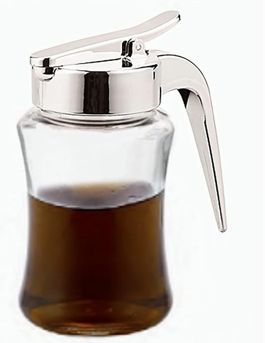 J&M DESIGN Glass Syrup Dispenser Bottle for Maple Syrup, Honey Pot or Sugar Jar W/Handle Shaker For Pancakes, Coffee, Cereal Bowl, Tea Pour Spout Lid Easy Spoon Measure 7.5oz Container Holder